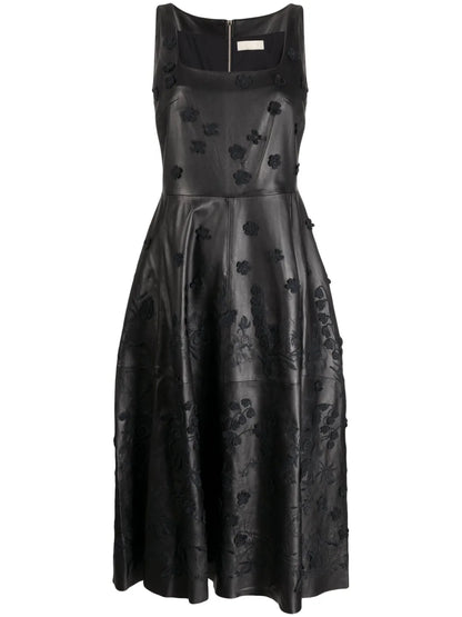 Floral-Appliqué Leather Midi Dress