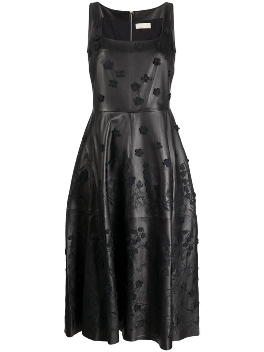 Floral-Appliqué Leather Midi Dress