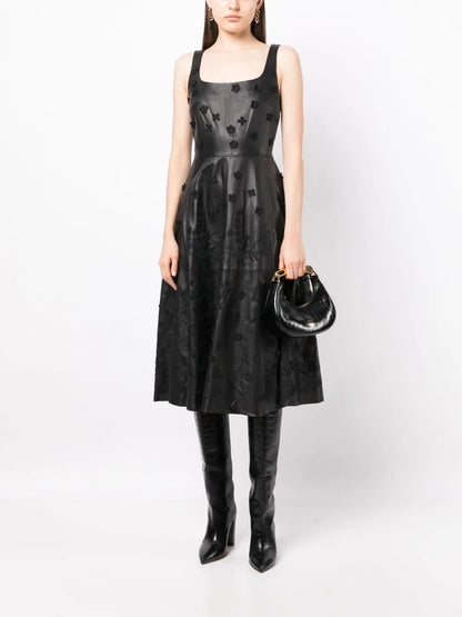 Floral-Appliqué Leather Midi Dress