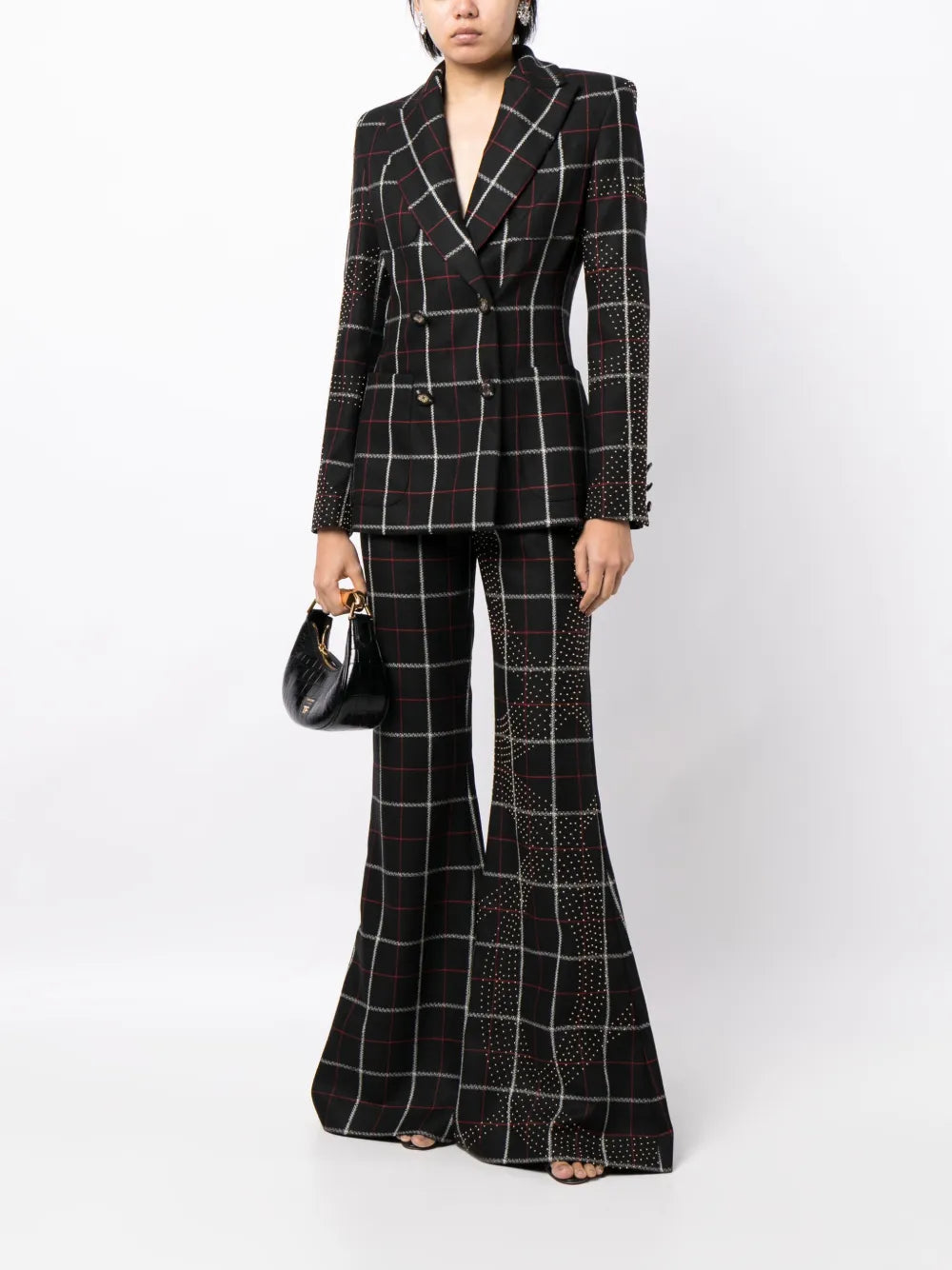 Check-Pattern Stud-Embellished Flared Trousers