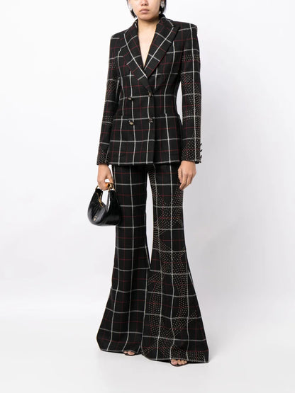 Check-Pattern Stud-Embellished Flared Trousers