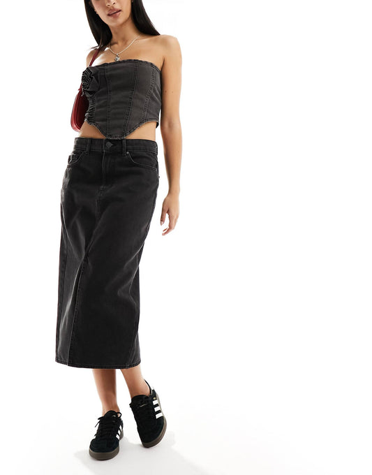 Denim Midi Skirt With Front Split