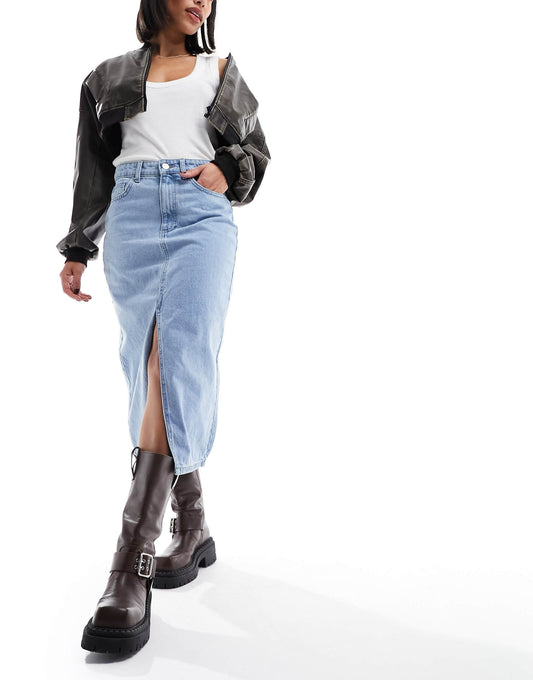 Denim Midi Skirt With Front Split