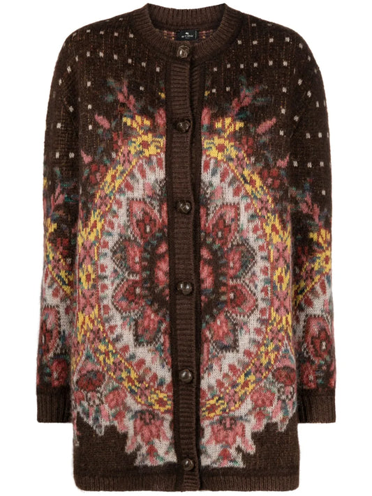 Patterned-Jacquard Crew-Neck Cardigan