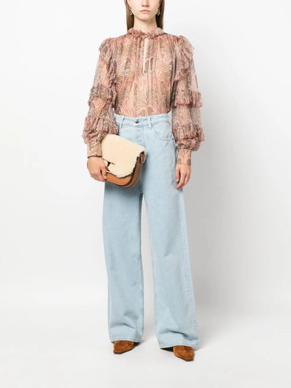 Ruffled Paisley-Print Silk Blouse