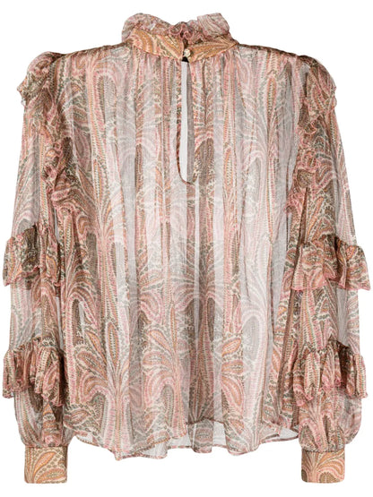 Ruffled Paisley-Print Silk Blouse