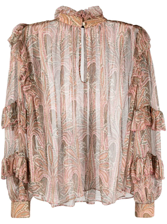 Ruffled Paisley-Print Silk Blouse