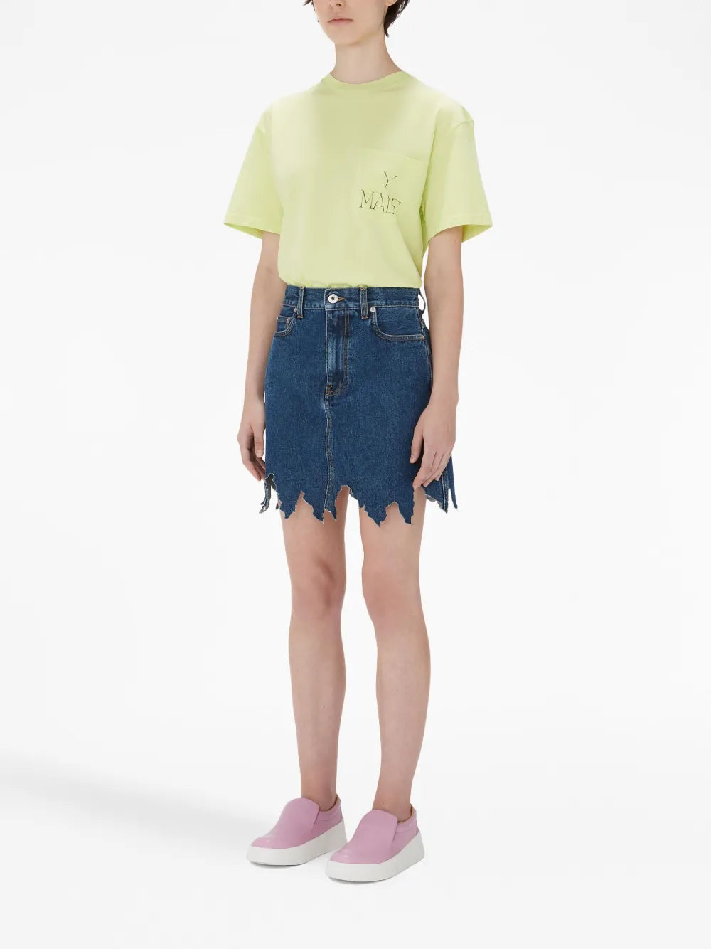 Lasercut Frayed-Hem Denim Skirt