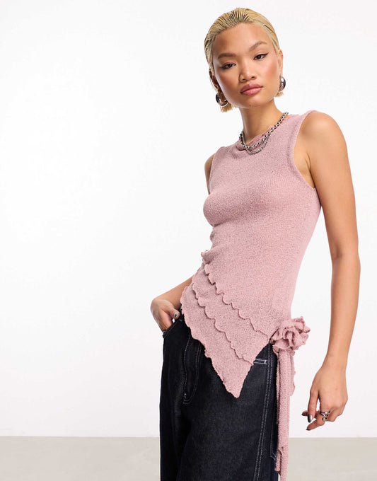 Fine Knit  Knitted Vest With Corsage Trim