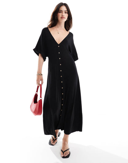 Roll Sleeve Button Front Midi Tea Dress