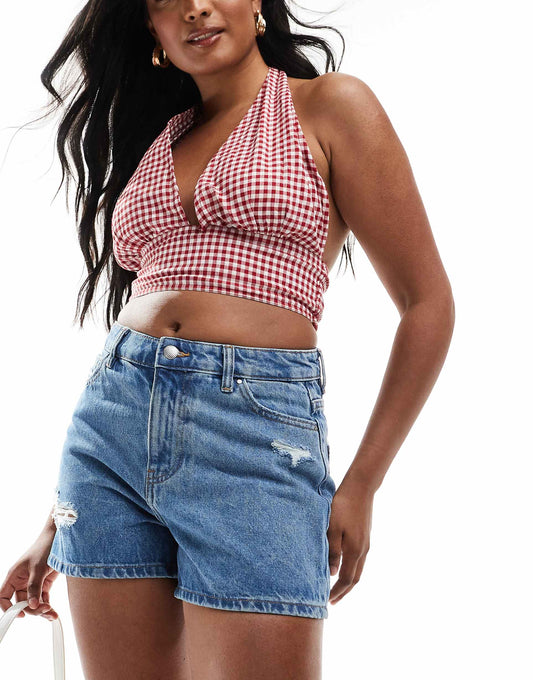 High Waisted Distressed Denim Mom Shorts
