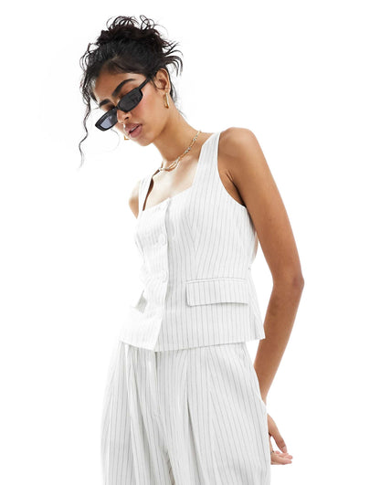 Linen Look Square Neck Waistcoat Co-Ord