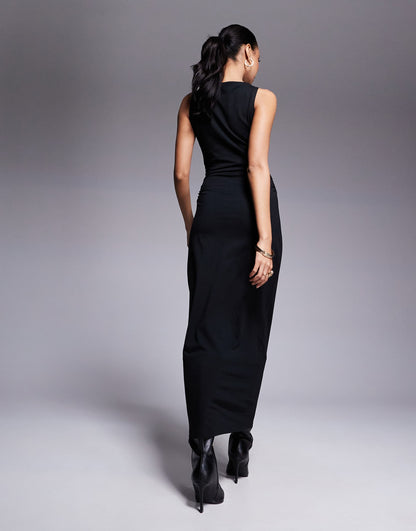 Boat Neck Maxi Dress With Ruched Sides