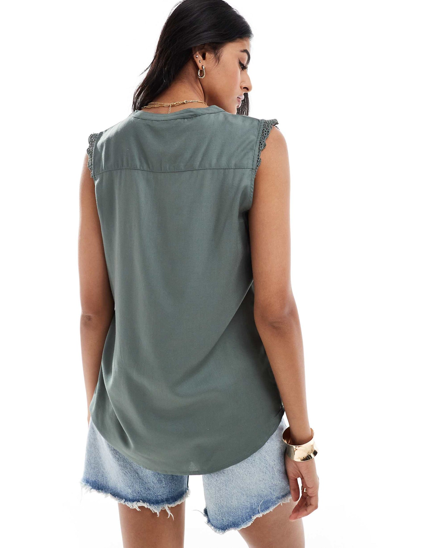 V Neck Sleeveless Blouse With Crochet Trim