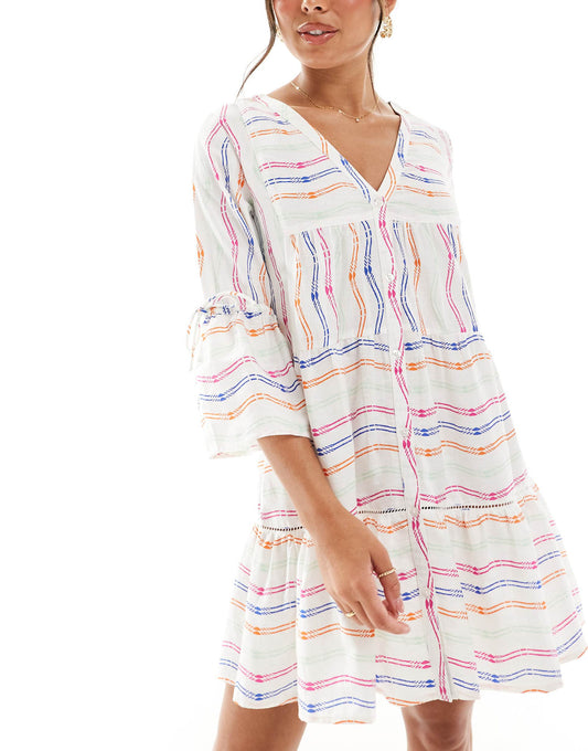 Wavy Print Long Sleeve Beach Cover Up