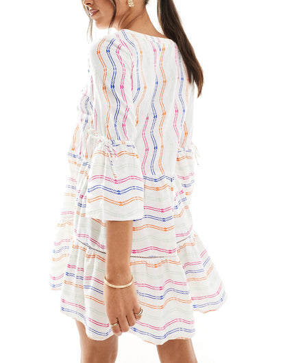 Wavy Print Long Sleeve Beach Cover Up