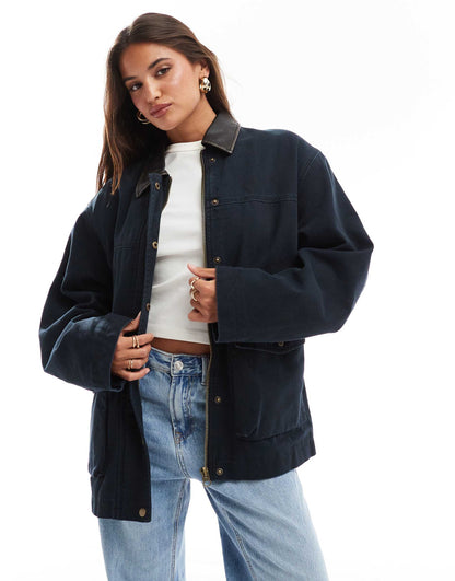 Oversized Washed Barn Jacket With Leather Look Collar