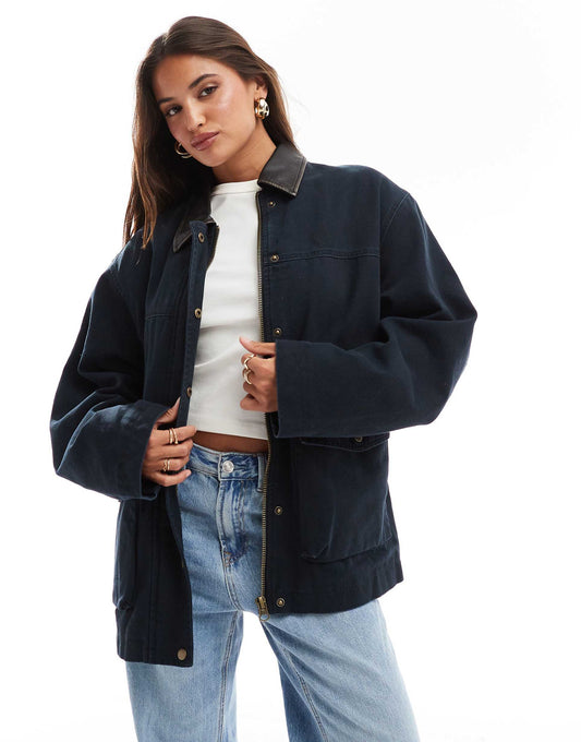 Oversized Washed Barn Jacket With Leather Look Collar