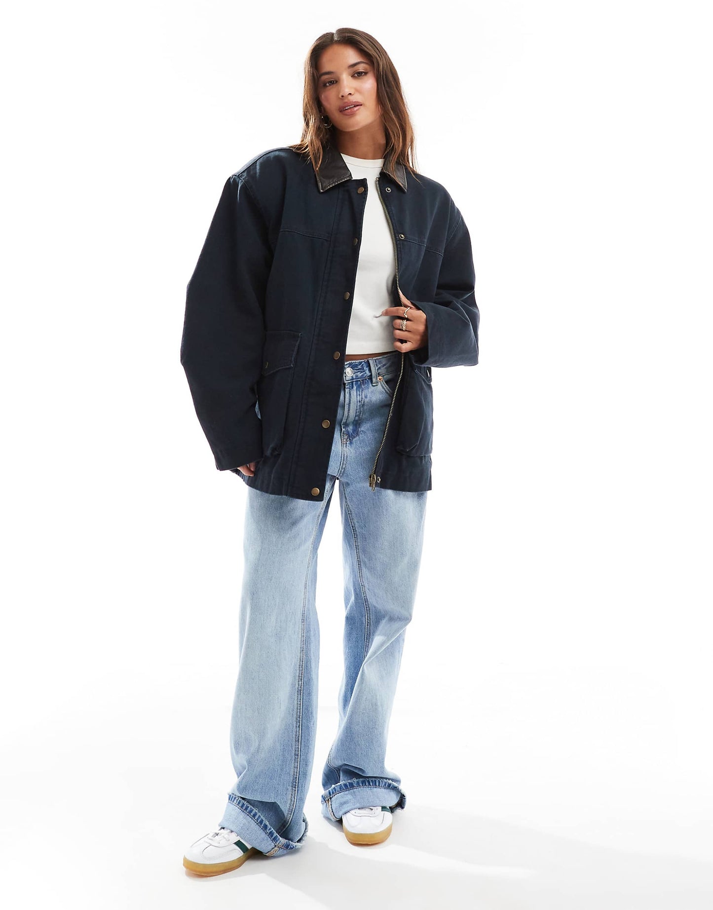 Oversized Washed Barn Jacket With Leather Look Collar