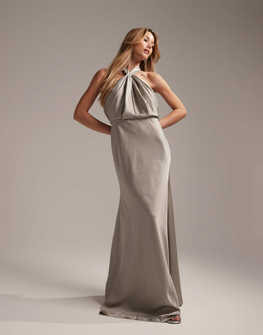 Bridesmaid Satin Ruched Halter Neck Maxi Dress