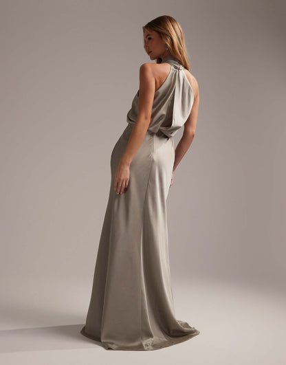 Bridesmaid Satin Ruched Halter Neck Maxi Dress