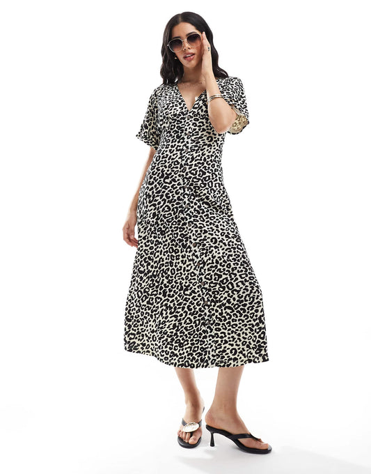 Roll Sleeve Button Front Midi Tea Dress