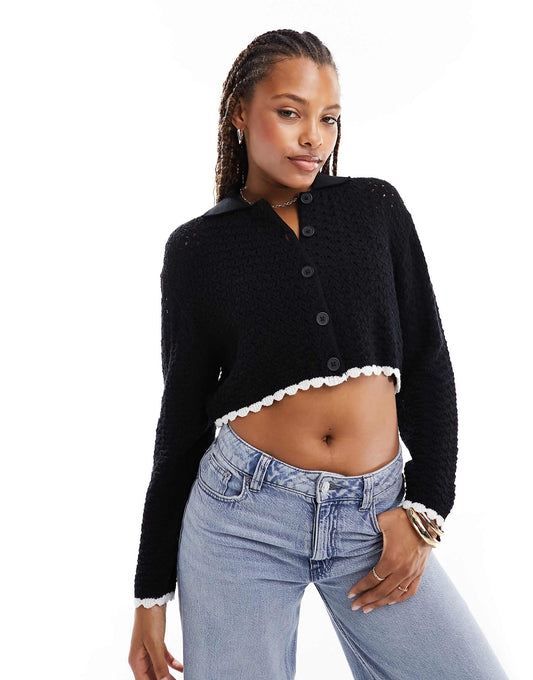 Open Stitch Knitted Shirt Cardigan With Tipping
