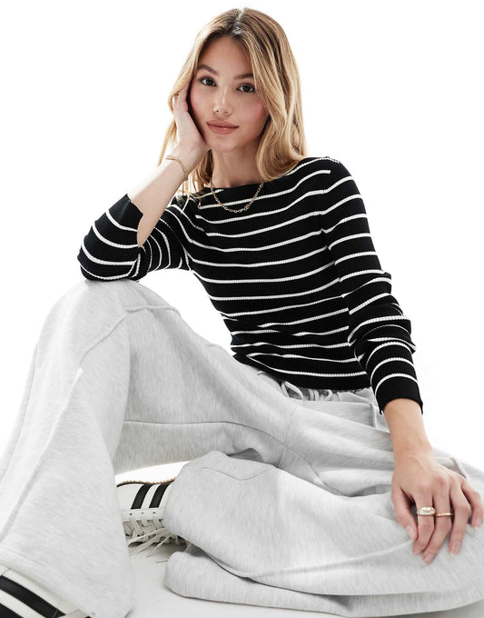 Knitted Boat Neck Long Sleeve Top