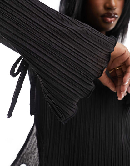 Plisse High Neck Top With Flared Sleeve