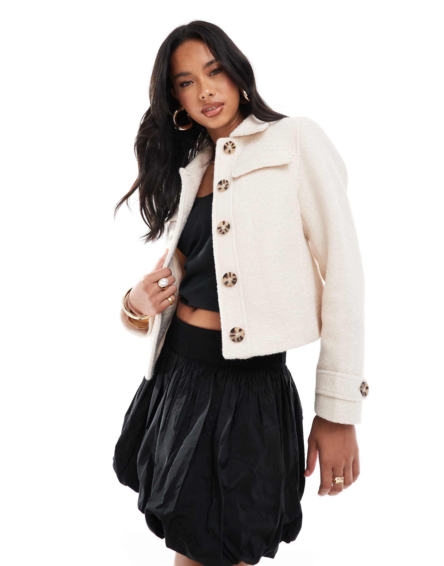 Faux Wool Jacket With Popper Button Detail