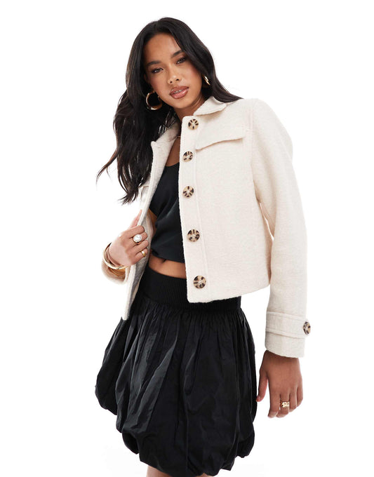 Faux Wool Jacket With Popper Button Detail