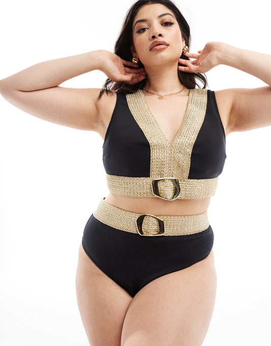 Plus High Waisted Bikini Bottom With Buckle Detail