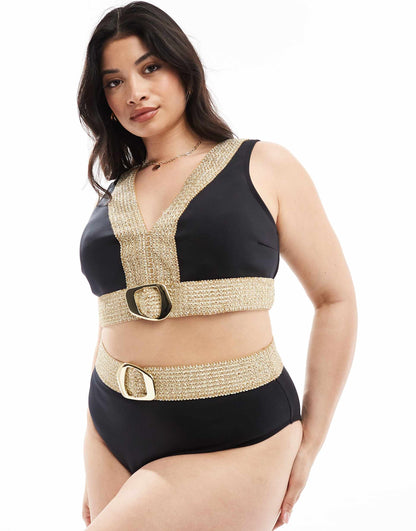 Plus High Waisted Bikini Bottom With Buckle Detail