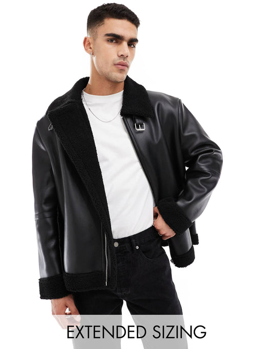 Faux Leather Aviator Jacket With Borg Lining