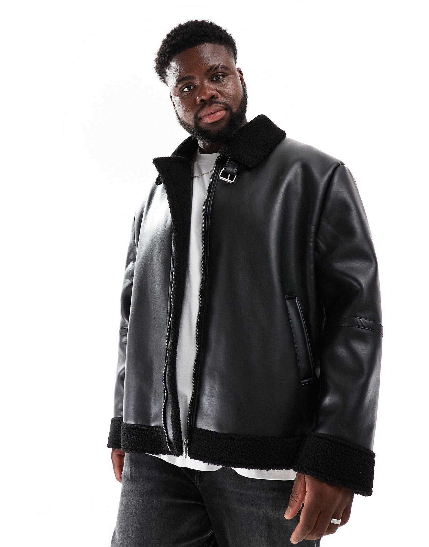 Faux Leather Aviator Jacket With Borg Lining