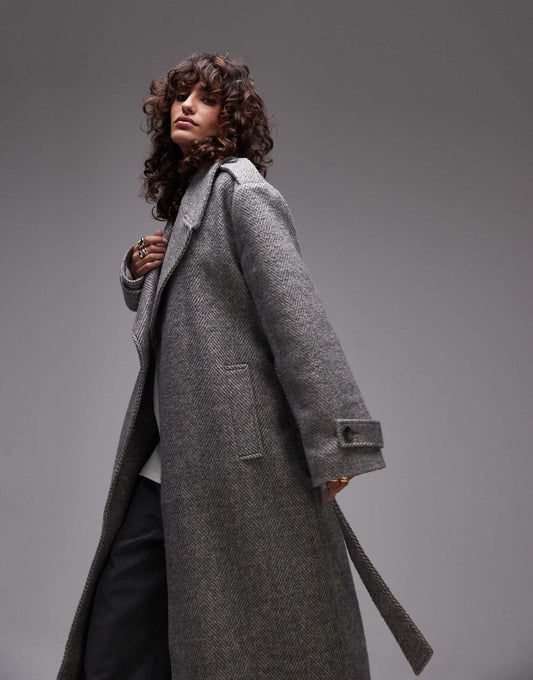 Longline Herringbone Oversized Coat