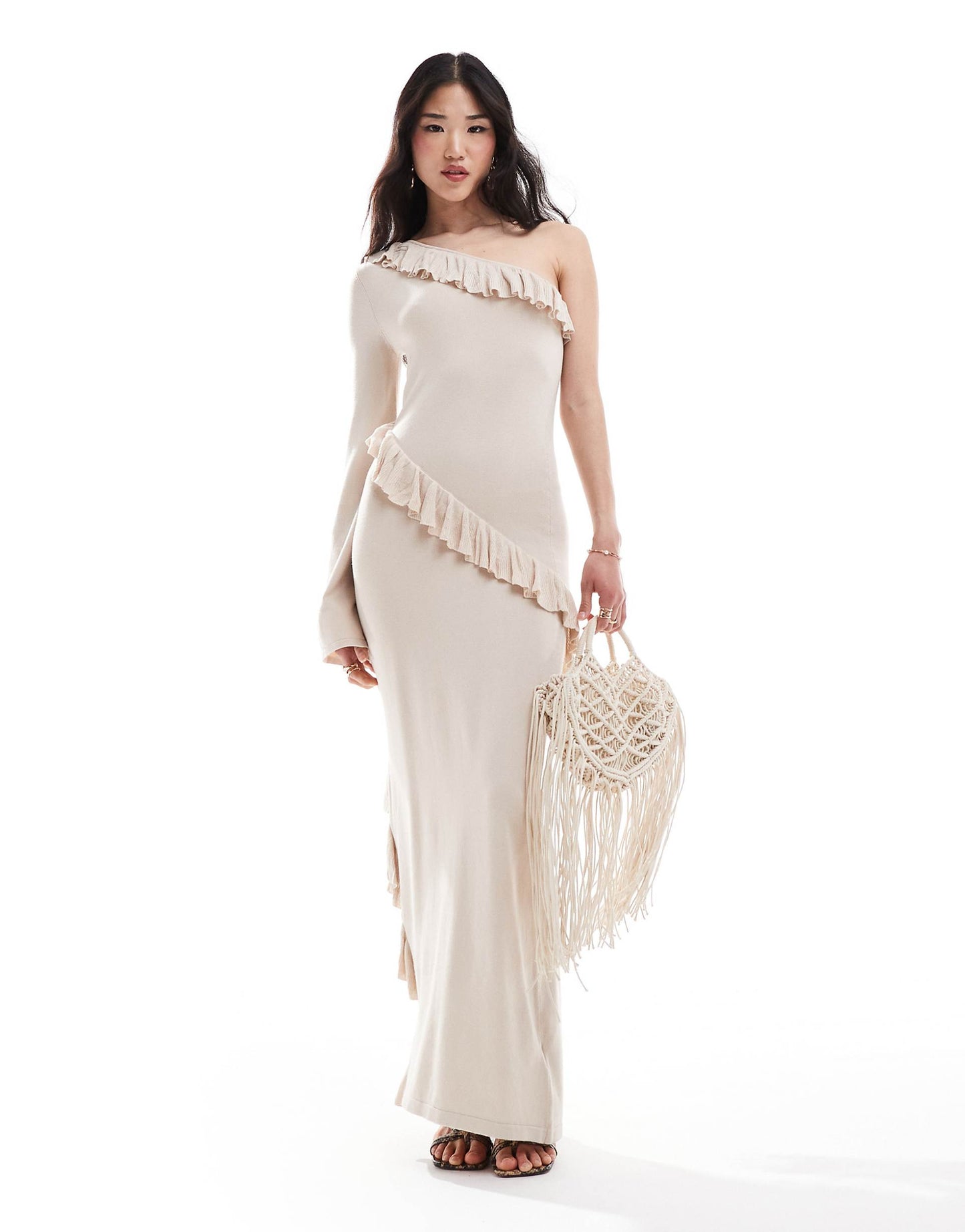 Asymmetric Ruffle Knit Maxi Dress