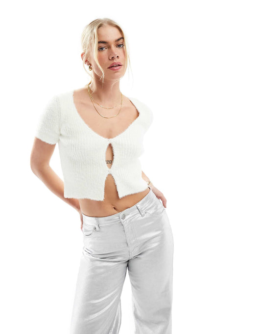 Fluffy Cropped Cardigan With Split Front Detail