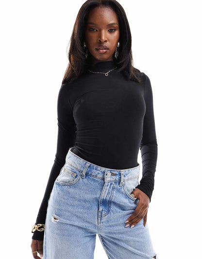 Double Layer Slinky High Neck Long Sleeve Bodysuit In Black