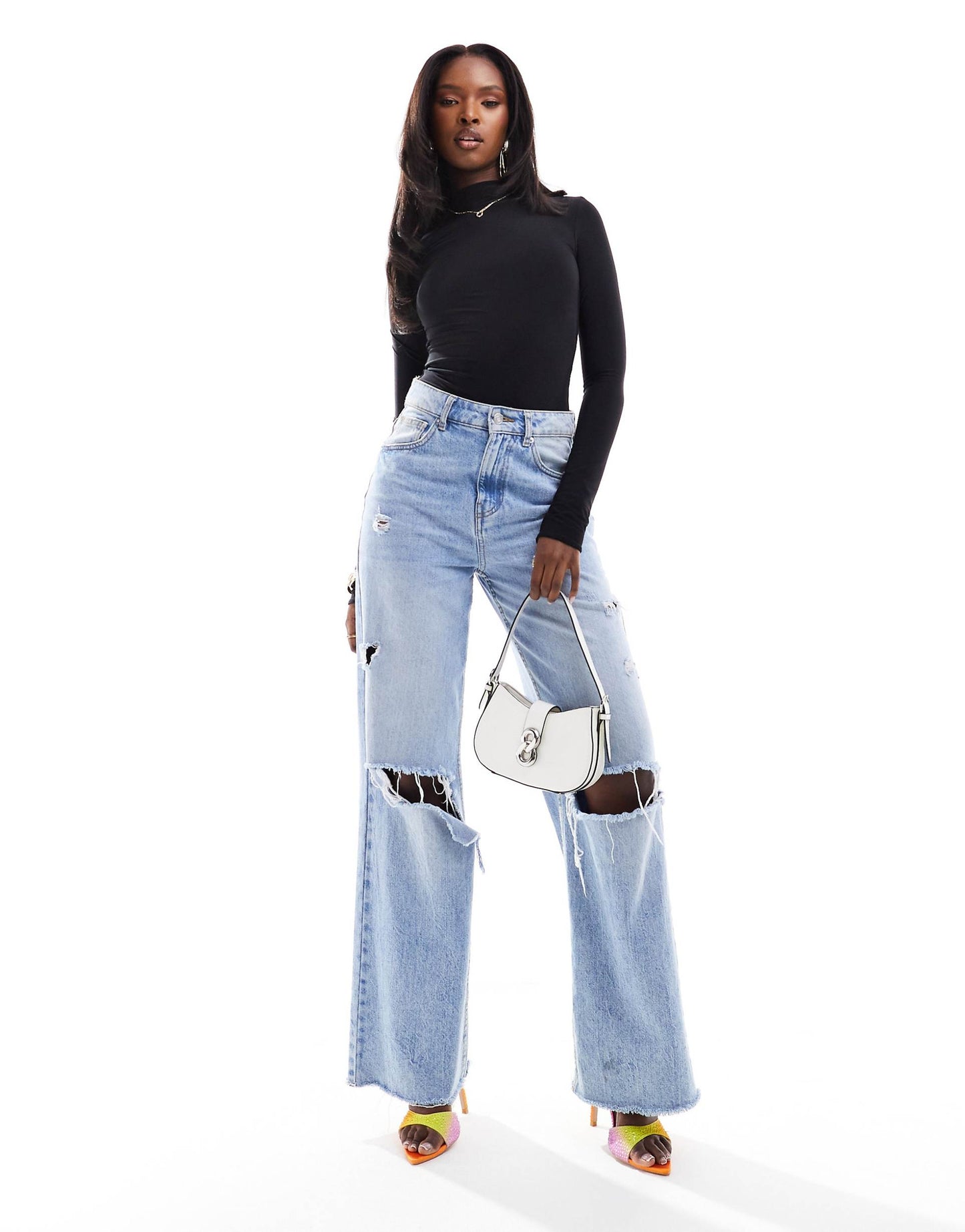 Double Layer Slinky High Neck Long Sleeve Bodysuit In Black