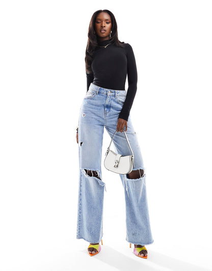 Double Layer Slinky High Neck Long Sleeve Bodysuit In Black