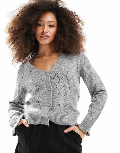 Diamond Knit Cardigan With Lettuce Sleeve