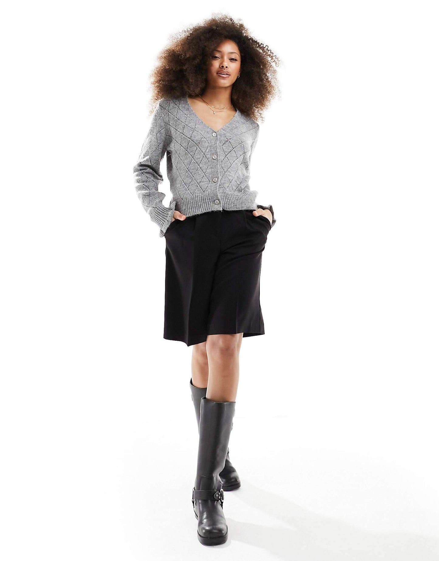 Diamond Knit Cardigan With Lettuce Sleeve