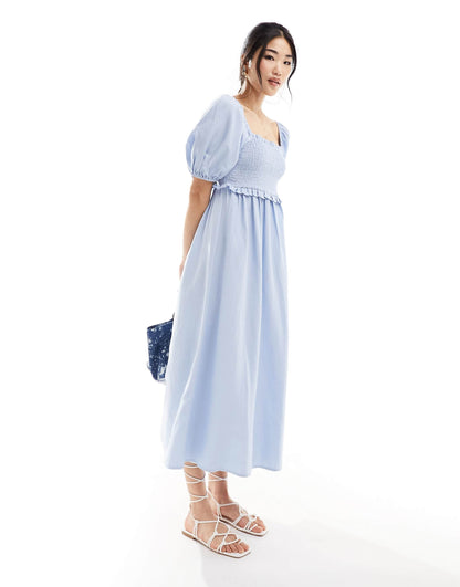 Shirred Puff Sleeve Linen Blend Midi Dress