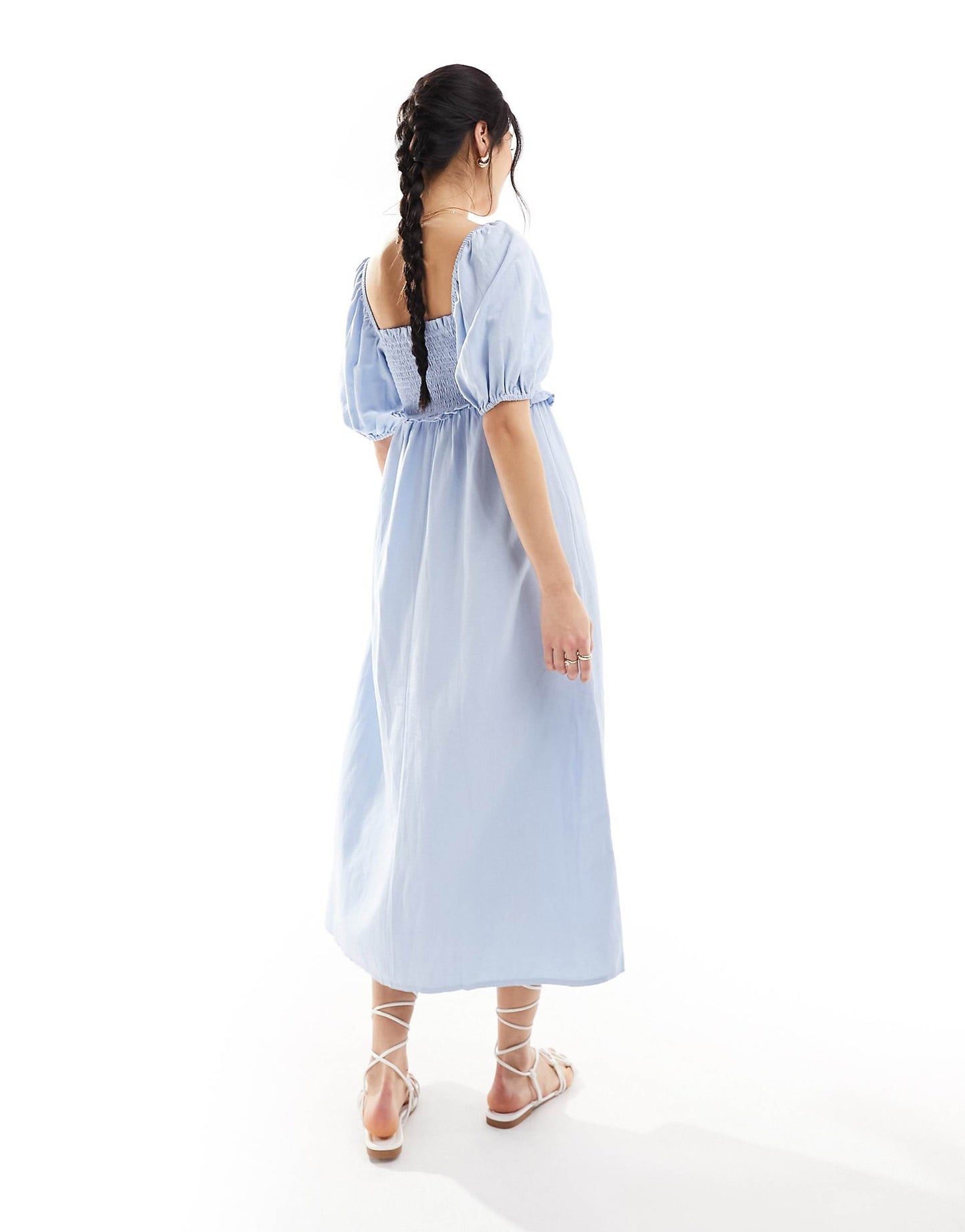 Shirred Puff Sleeve Linen Blend Midi Dress