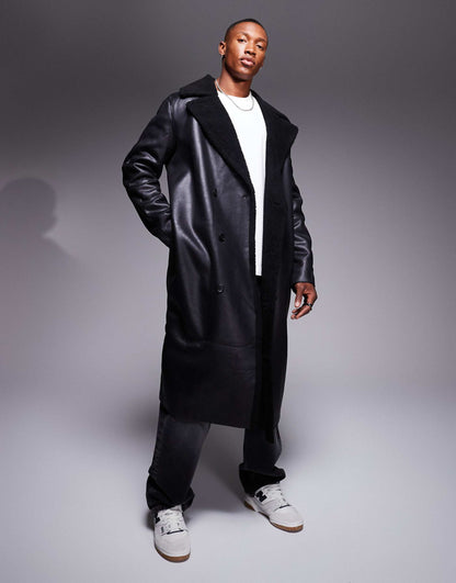 Faux Leather Trench Coat With Borg Lining