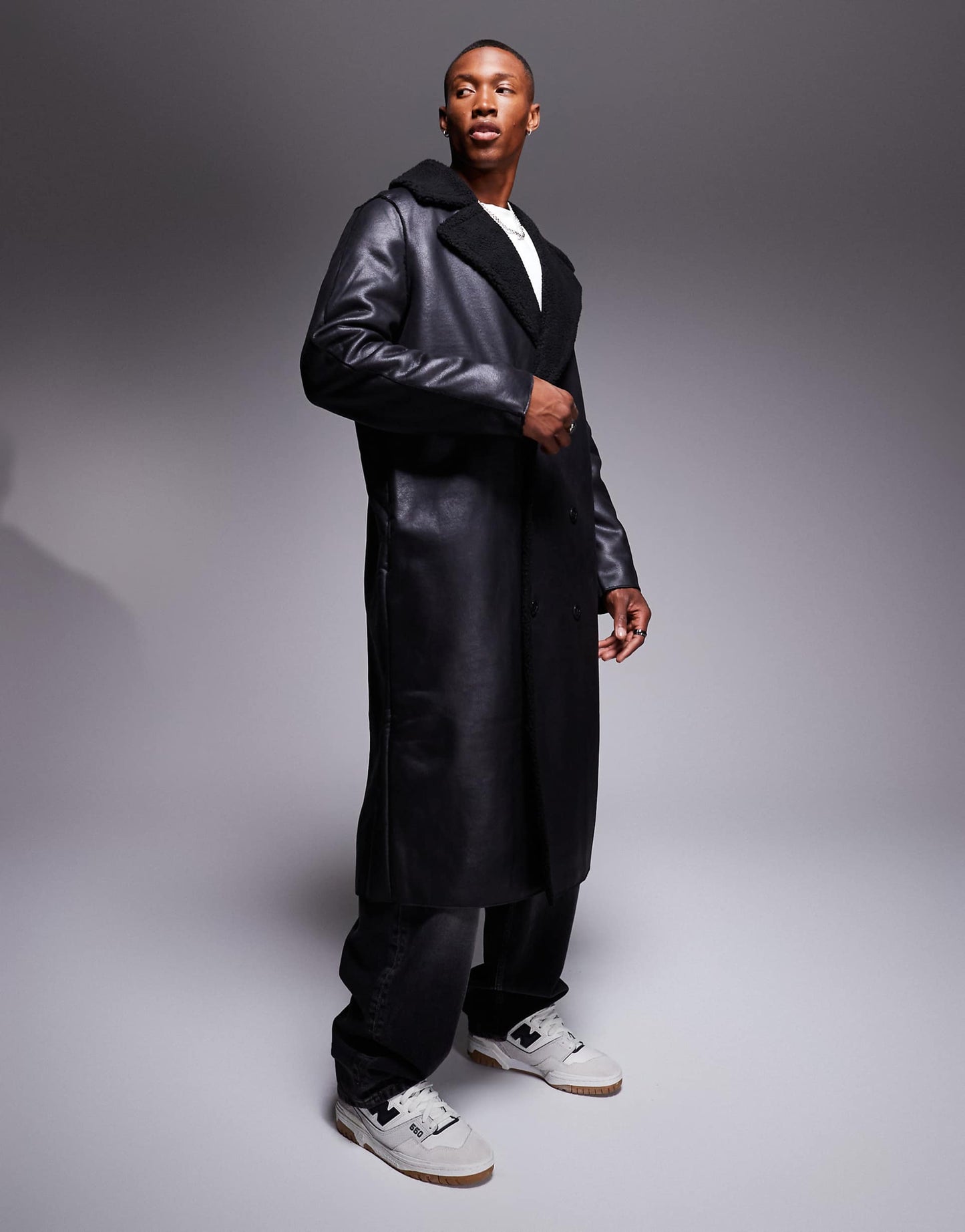 Faux Leather Trench Coat With Borg Lining