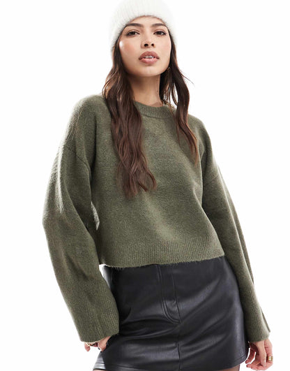 Crew Neck Boxy Jumper With Wide Cuff