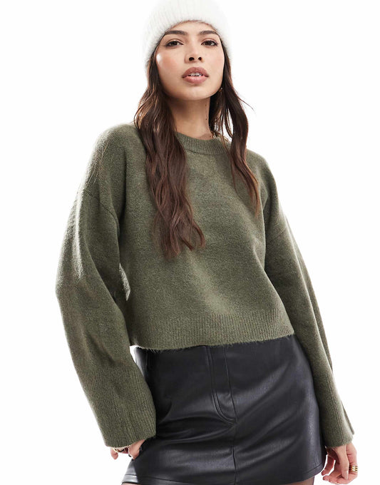 Crew Neck Boxy Jumper With Wide Cuff