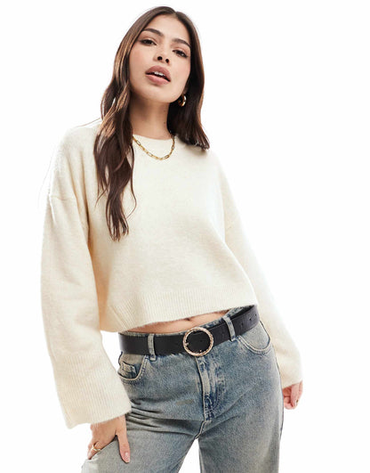 Crew Neck Boxy Jumper With Wide Cuff
